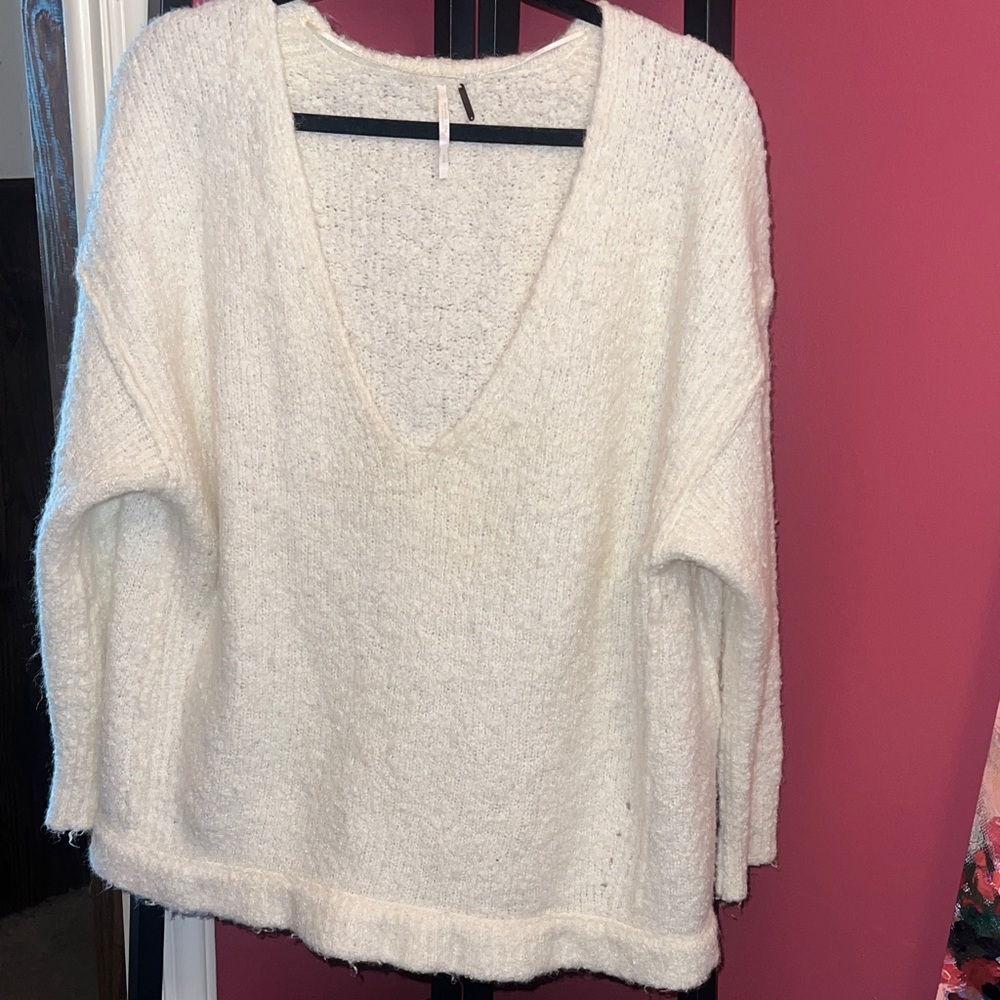 Free People Cozy Deep V-Neck Sweater in Cream